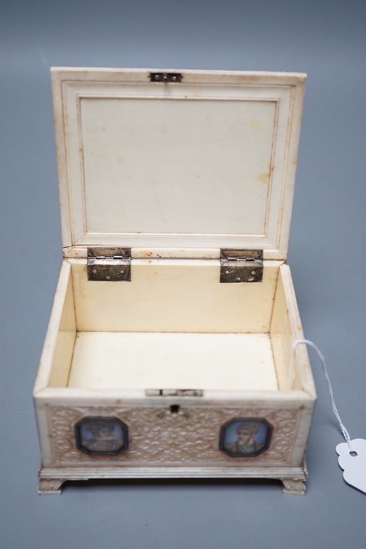 A Company School ivory box, India, 19th century 7.5cm high, 12cm long, 9.5cm wide, inset with miniatures of royalty